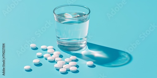 Transparent glass of water and tablets near it on a blue backround, banner, copy space