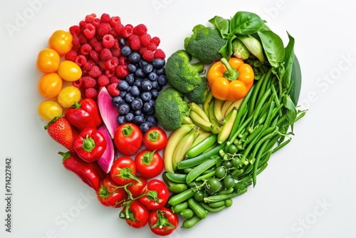 Fresh fruits and vegetables in a heart shape plate  top view 