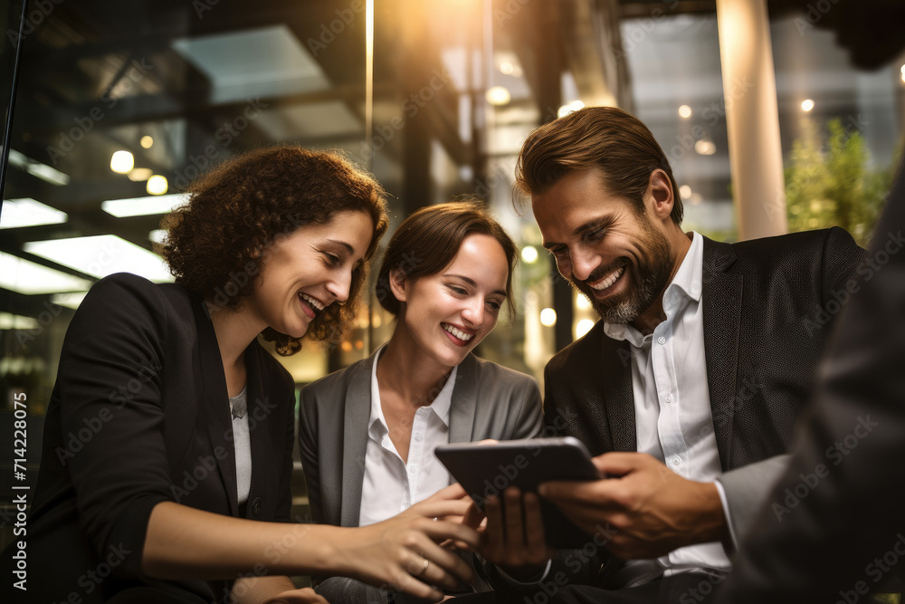 Photo of happy employees looking at their tablet computers Photo of happy employees looking at their tablet computers