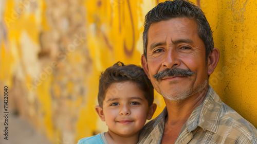 Mustachioed Mexican man with his little son, standing against a background of a yellow wall with graffiti