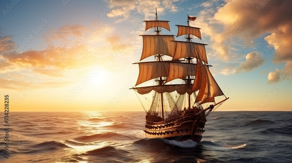 Small sailing ship in the open sea at sunset. The Golden Horizon, a magnificent vessel from the 17th century, adorned with golden accents and a grandeur that captures the imagination.