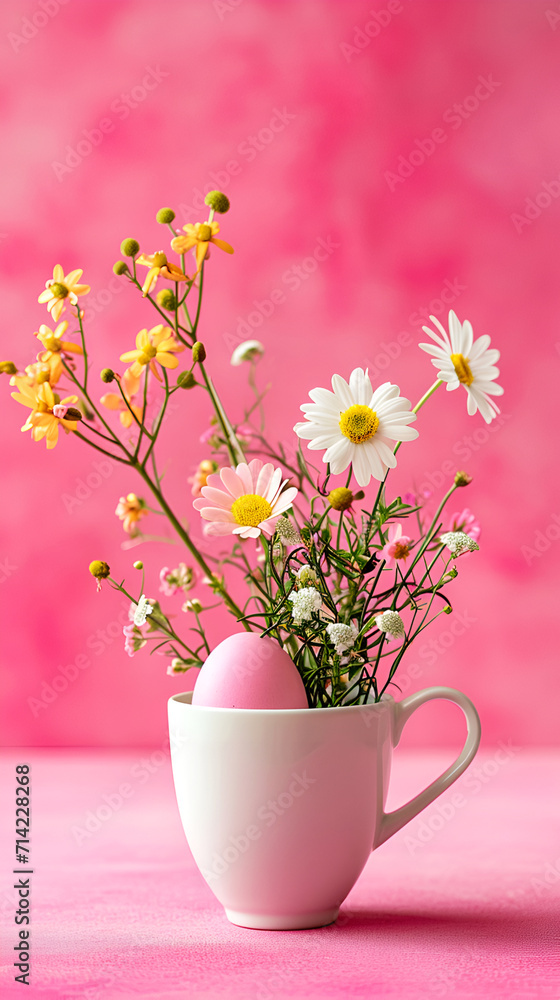 Easter egg and spring flowers in a cup of tea on a pink background, creative Easter holiday concept, minimalism for postcard design. Easter egg and spring flowers in a cup of tea on a pink background, creative Easter holiday concept, minimalism for postcard design.