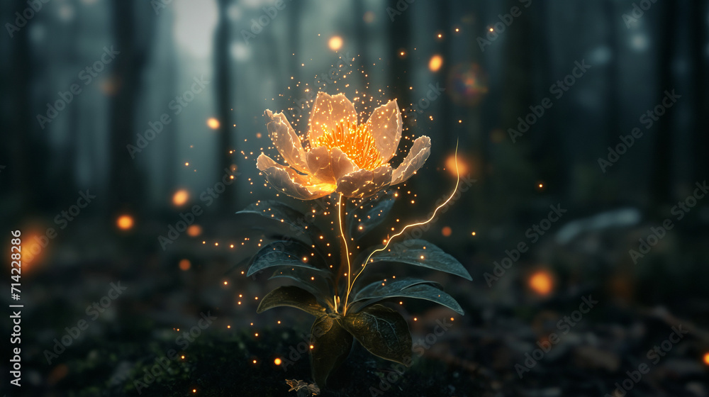 Glowing flower in the middle of a dark and night forest. Floating ...