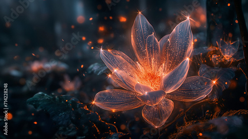 Glowing flower in the middle of a dark and night forest. Floating - Glowing particles around the flower