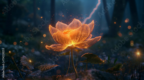 Glowing flower in the middle of a dark and night forest. Floating - Glowing particles around the flower
