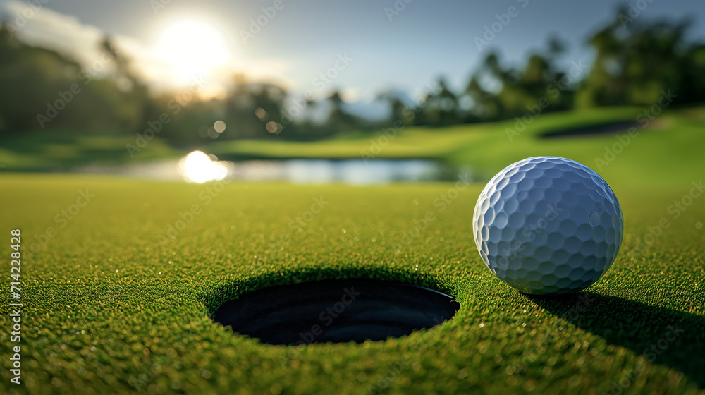 Golf ball lies next to a hole on a green golf course Golf ball lies next to a hole on a green golf course