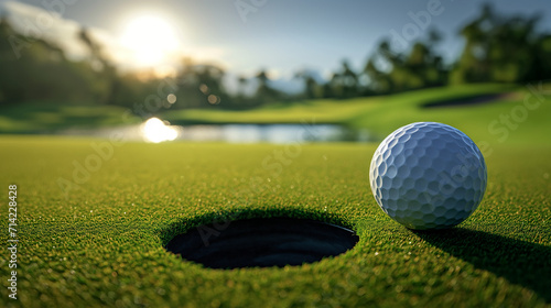 Golf ball lies next to a hole on a green golf course