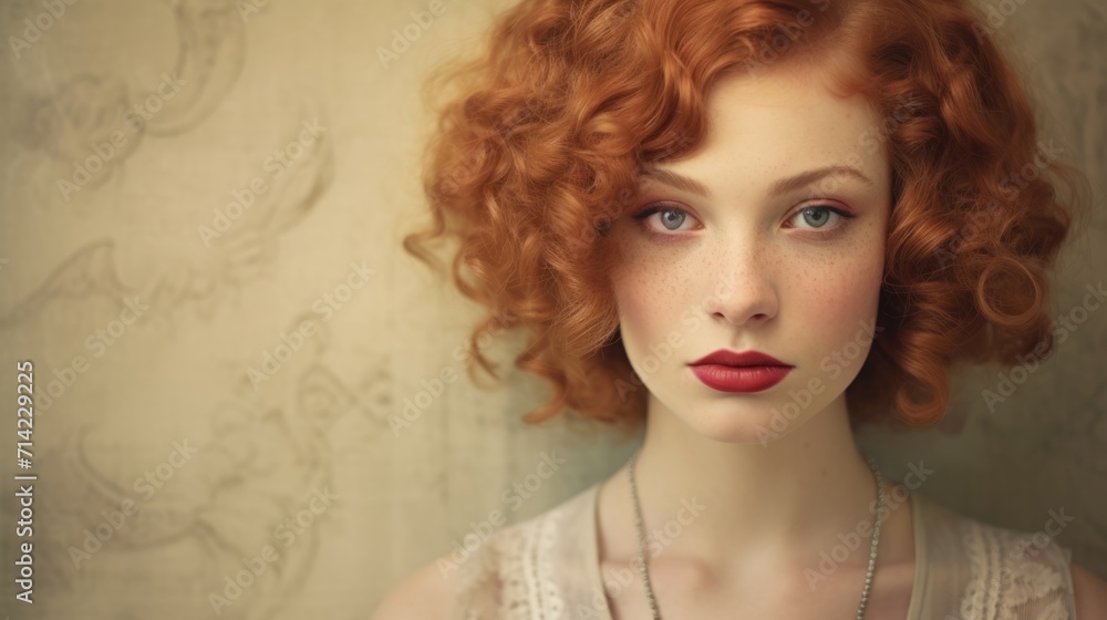 Photorealistic Teen White Woman with Red Curly Hair retro Illustration. Portrait of a person in vintage 1920s aesthetics. Historic movie style Ai Generated Horizontal Illustration. Photorealistic Teen White Woman with Red Curly Hair retro Illustration. Portrait of a person in vintage 1920s aesthetics. Historic movie style Ai Generated Horizontal Illustration.
