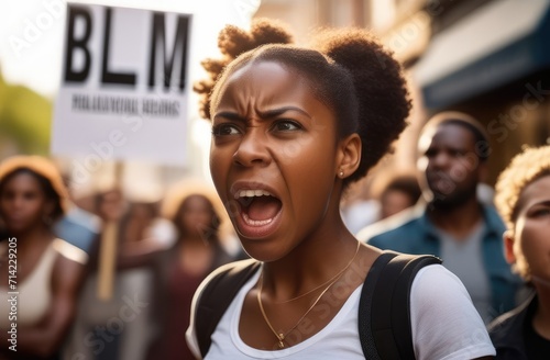 BLM activist striking against rights violation. angry black girl screaming with poster on street