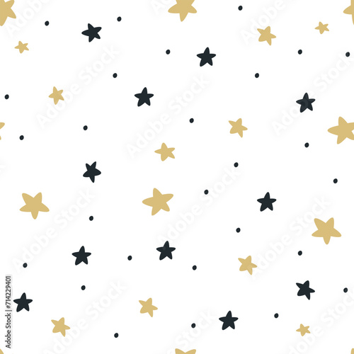 Seamless vector pattern. Nice white and yellow stars, night sky on a white background. Vector illustration