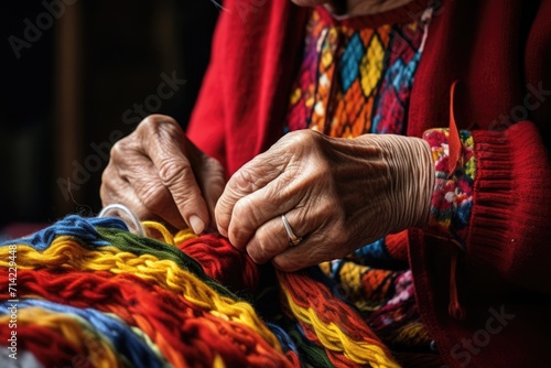 Grandma knits with knitting needles and woolen threads