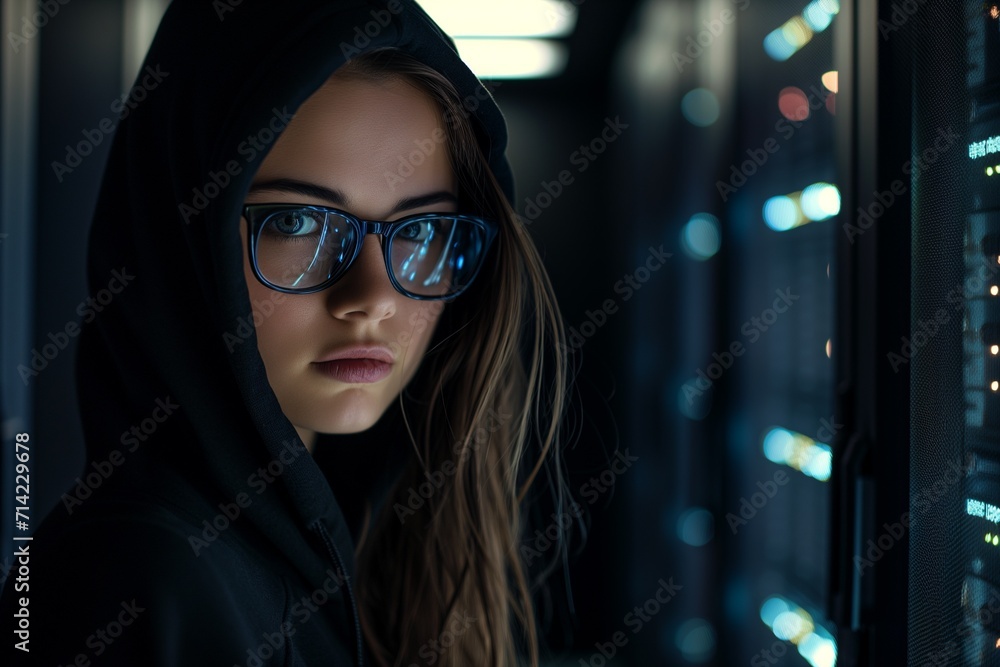 Digital Realm Guardian: Female IT Specialist in Server Room Sanctuary Digital Realm Guardian: Female IT Specialist in Server Room Sanctuary