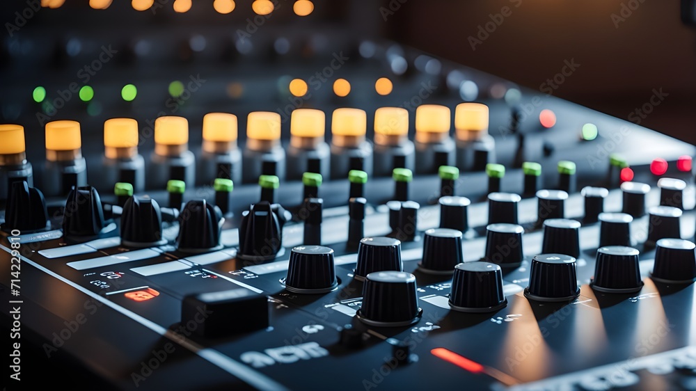 Fototapeta premium audio mixing board, sound engineering, studio recording session, music producer in studio