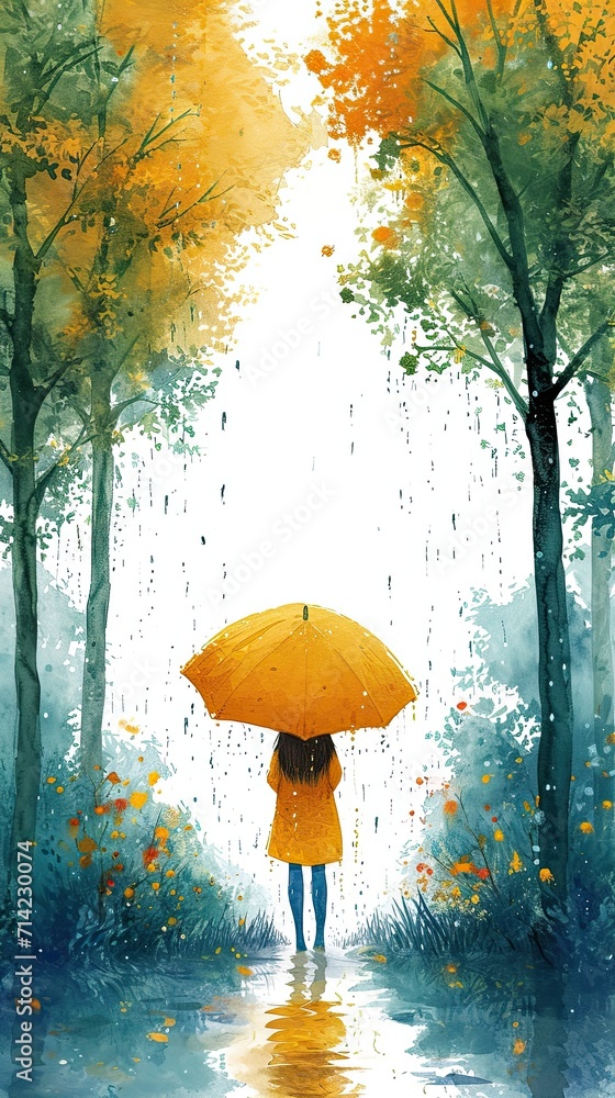 A painting of a person with an umbrella in the rain