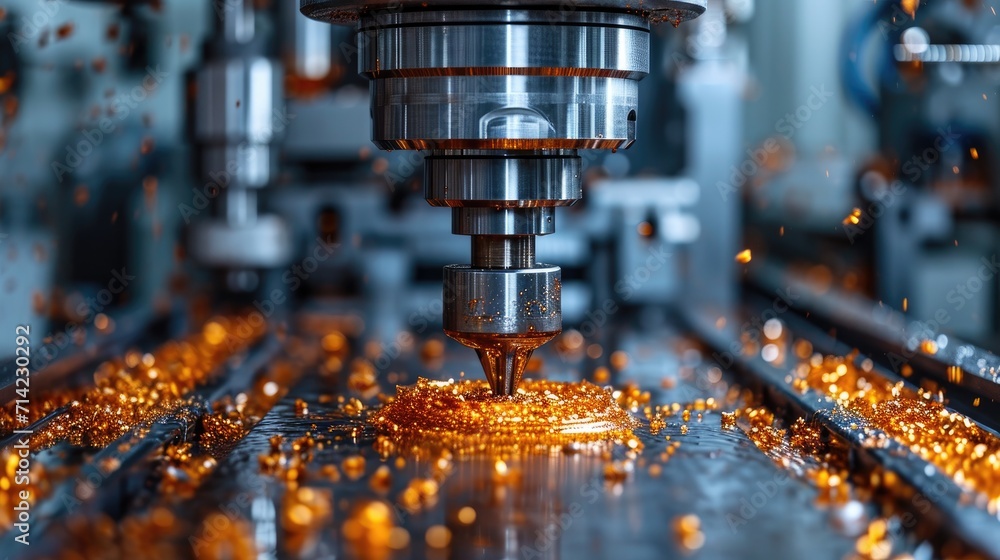 Close-Up View of a Metal Drill Bit on a CNC Machine Cutting Through Material with Metal Shavings Visible Close-Up View of a Metal Drill Bit on a CNC Machine Cutting Through Material with Metal Shavings Visible