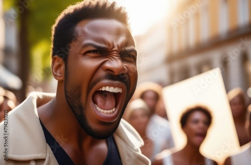 angry black protester striking on street, closeup. activist protesting against rights violation.