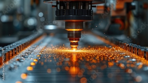 Quadro em tela Close-Up View of a Metal Drill Bit on a CNC Machine Cutting Through Material wit