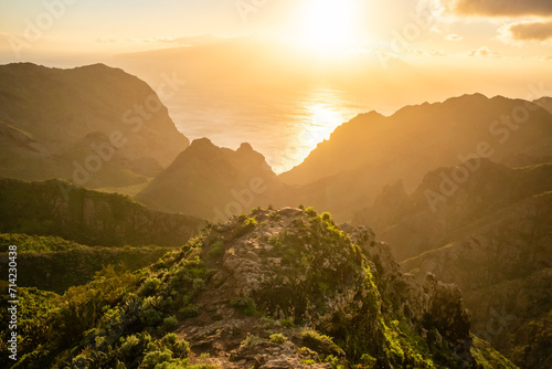 Beautiful sunset over the green volcanic landscape in Masca valley, Tenerife, Spain © Mazur Travel