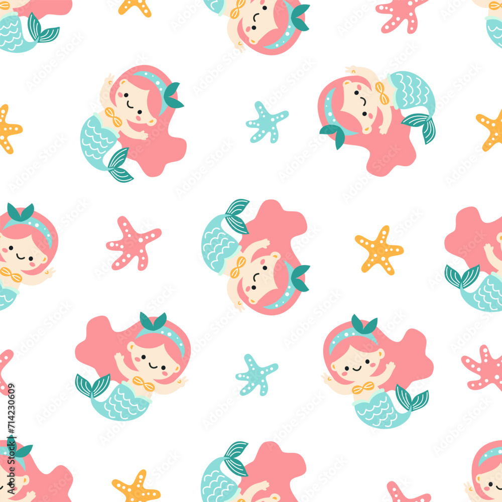 Seamless vector pattern in children's style. Cute mermaid and starfish on white background . Vector illustration Seamless vector pattern in children's style. Cute mermaid and starfish on white background . Vector illustration