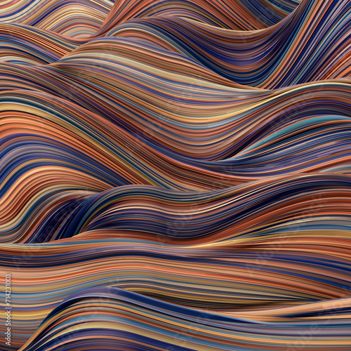 Abstract, fluid, wavy and colorful 3D background lines texture. Modern and contemporary feel. Metallic, iridescent and reflective with shades of orange, blue, yellow, black