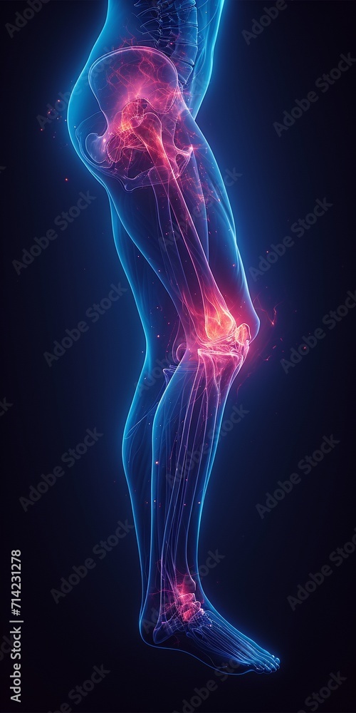 3d rendering of a anatomic correct knee, sideview, there is a red shine around the knee to symbolize the pain of the joint ,generative ai