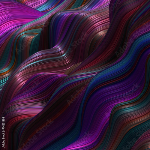 Abstract, fluid, wavy and colorful 3D background lines texture. Modern and contemporary feel. Metallic, iridescent and reflective with shades of purple, magenta, blue, yellow