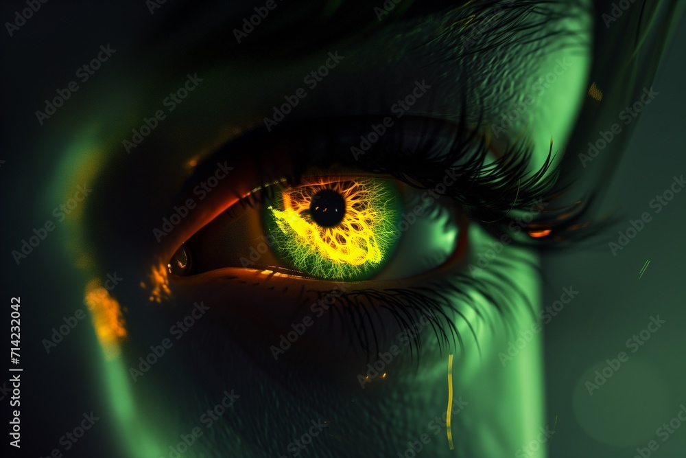Ilustracja Stock Woman's green eye in the dark. Fire. Piercing eyes