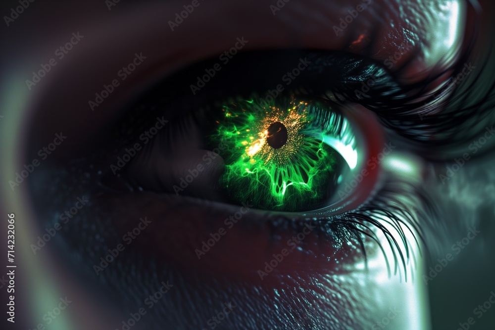 Woman's green eye in the dark. Fire. Piercing eyes. Burning demonic