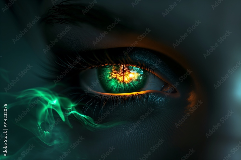 Woman's green eye in the dark. Fire. Piercing eyes. Burning demonic