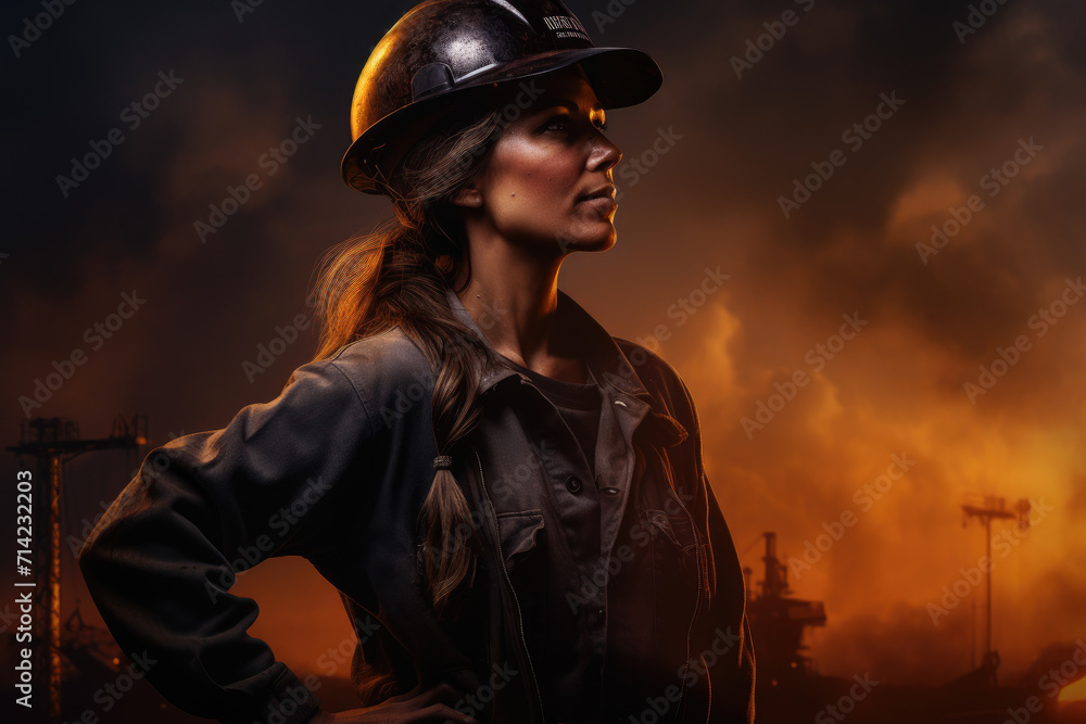 Photo of oil worker woman in front of dark atmosphere background Photo of oil worker woman in front of dark atmosphere background
