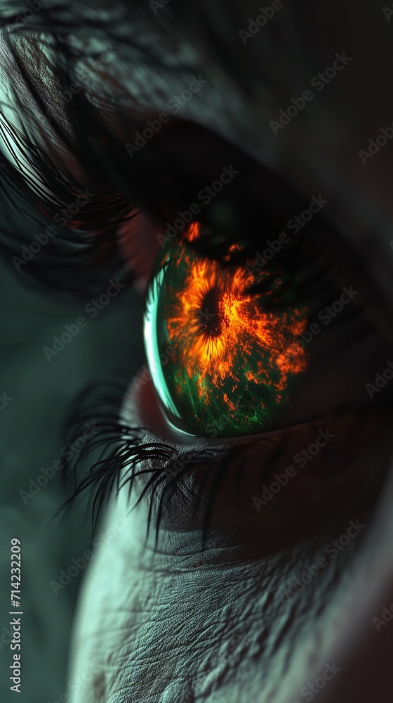 Woman's green eye in the dark. Fire. Piercing eyes. Burning demonic