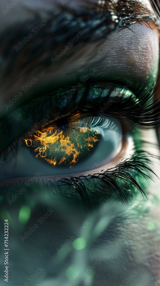 Woman's green eye in the dark. Fire. Piercing eyes. Burning demonic
