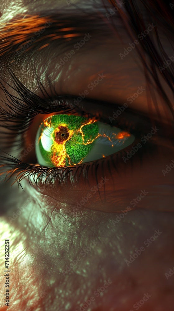 Woman's green eye in the dark. Fire. Piercing eyes. Burning demonic