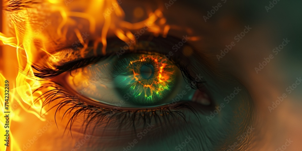 Woman's green eye in the dark. Fire. Piercing eyes. Burning demonic