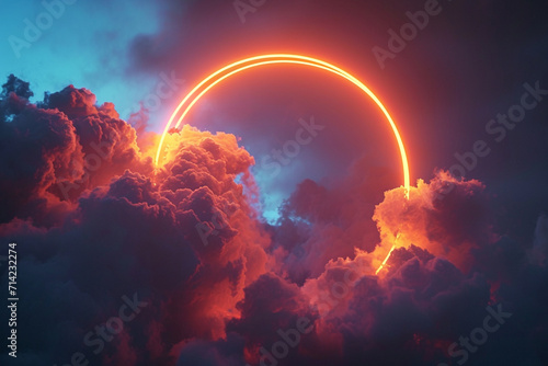 abstract cloud shape illuminated by neon light rings in the dark sky. Geometric shapes