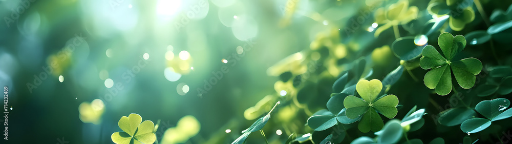 happy new year banner with four-leaf clover as a lucky charm on blurred background	 - obrazy, fototapety, plakaty 