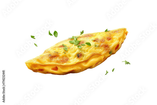Tasty yellow Omelet or scrambled  egg with pepper and herbs isolated on transparent png background, Healthy omelet, breakfast time.