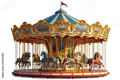 Merry go round carousel in amusement park isolated on transparent background. Childhood entertainment