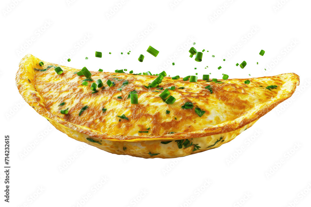 Tasty yellow Omelet or scrambled  egg with pepper and herbs isolated on transparent png background, Healthy omelet, breakfast time. - obrazy, fototapety, plakaty 