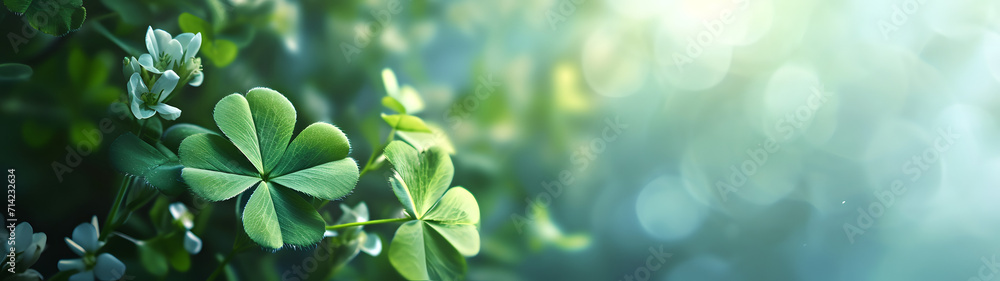 happy new year banner with four-leaf clover as a lucky charm on blurred background	 - obrazy, fototapety, plakaty 