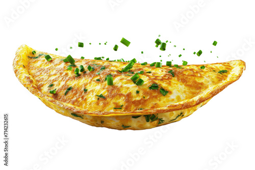 Tasty yellow Omelet or scrambled  egg with pepper and herbs isolated on transparent png background, Healthy omelet, breakfast time. photo