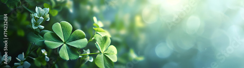 happy new year banner with four-leaf clover as a lucky charm on blurred background	 photo