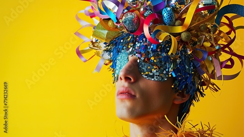 Abstract festive explosion: a captivating male model in a carnival costume made from mirrors, disco balls, and paper ribbons.