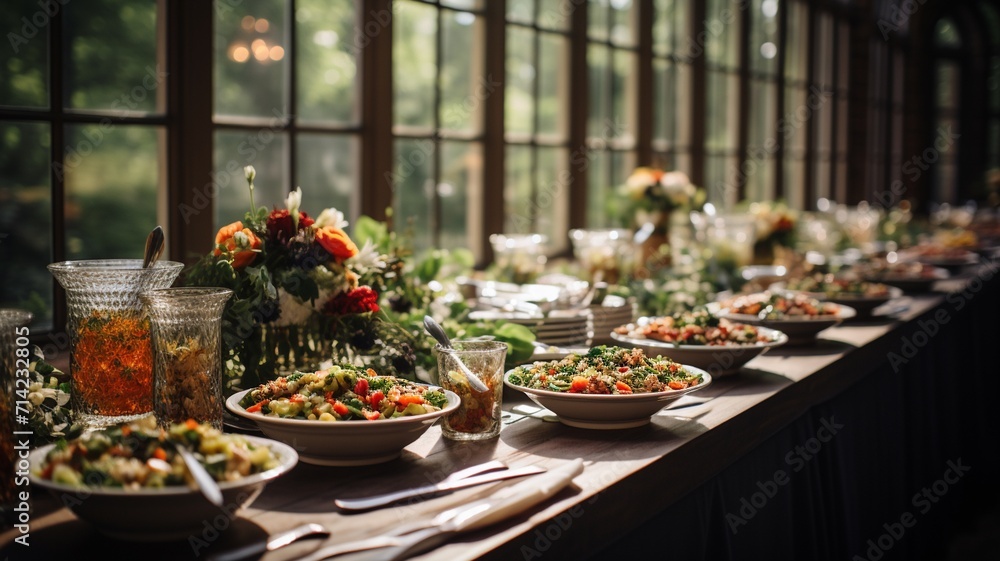 A wedding buffet with delicate dishes lined up on a table, generative ai A wedding buffet with delicate dishes lined up on a table, generative ai
