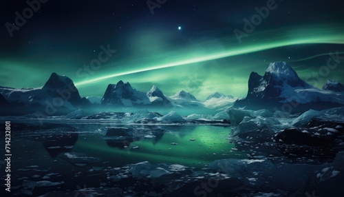 View of night sky with multicolored aurora borealis and snowy mountains peak background. Night glows in vibrant aurora reflection on the lake with forest. 