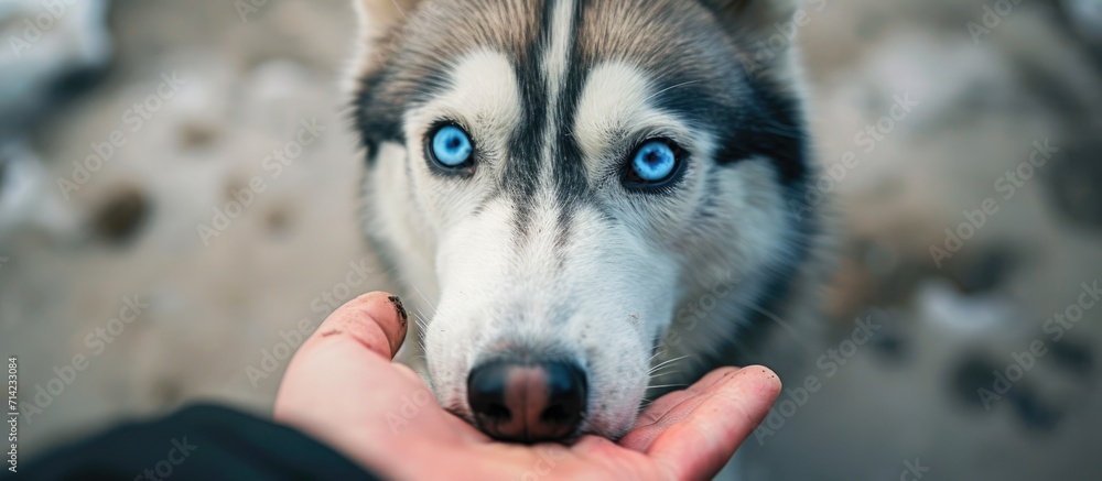 Husky dog rewarded for Sit command execution. Pet training, owner's hand, begging for food. Blue eyes, dog nose, thick collar hair.