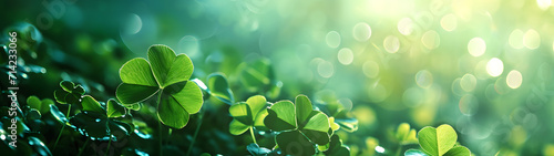 happy new year banner with four-leaf clover as a lucky charm on blurred background 