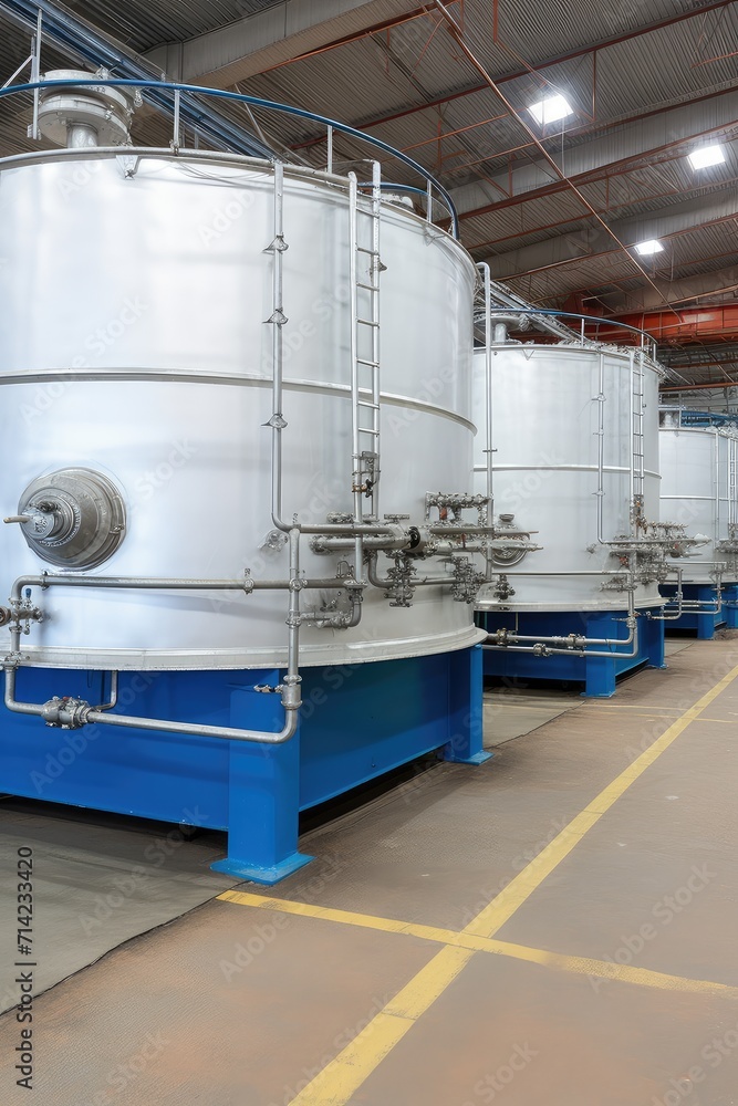 A labyrinth of steel vessels, these tanks serve as vital components in the indoor production process, ensuring materials are stored safely and efficiently. A labyrinth of steel vessels, these tanks serve as vital components in the indoor production process, ensuring materials are stored safely and efficiently.