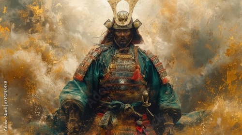 Japanese Deities in Golden Plate Armor Amidst the Clouds 