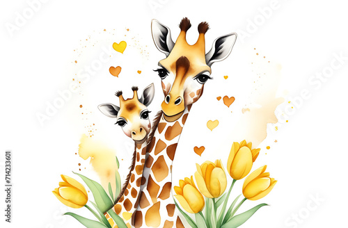 mother giraffe with her baby in yellow tulips